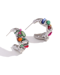Steel Color Moon Shaped Pleated Clay Stone Colored Stainless Steel Earrings 