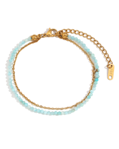 Temperament Niche Plated 18K Gold Natural Stone Beaded Stainless Steel Double Layer Bracelet 