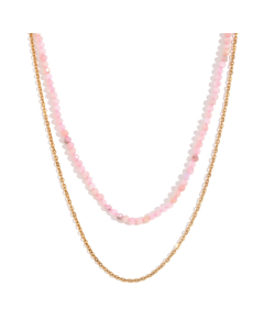 Pink Plated 18K Gold Natural Stone Beaded Stainless Steel Double Layer Necklace
