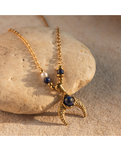 Retro Jewelry Vintage Minimalism Natural Stone Inlaid Horn Pendant 18K Gold Plated Stainless Steel Necklace