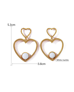 White Marble Plated 18K Natural Stone Heart Pendant Stainless Steel Love Earrings 