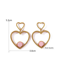 Rose Quartz  Plated 18K Natural Stone Heart Pendant Stainless Steel Love Earrings 