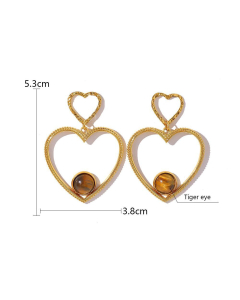 Tiger Eye Plated 18K Natural Stone Heart Pendant Stainless Steel Love Earrings 