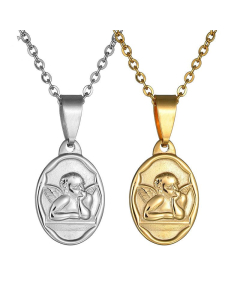 Stainless Steel Necklace - Oval Pendant With an Angel- CA7810009