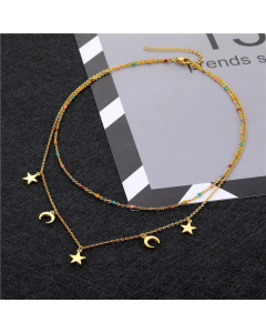 European and American double-layer star moon dripping oil stainless steel sweater clavicle chain