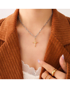 Temperament cross pendant titanium steel 18K gold plated clavicle chain wholesale-Steel Color