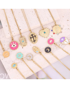 Oil Dripping Eye Pendant Stainless Steel Cross Necklace Moon Clavicle Chain