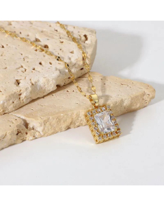 18K Gold-plated Stainless Steel Jewelry Square White Cubic Zircon Female Pendant Necklace