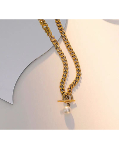OT Buckle Letter MORE Artificial Pearl Chain Titanium Steel Plated 18K Necklace