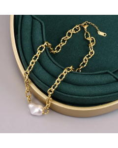 18K Golden Titanium Steel Necklace Baroque Pearl Clavicle Chain