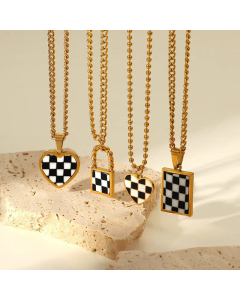 New Small Round Bead Necklace 18K Gold Classic Checkerboard Pendant Stainless Steel Necklace