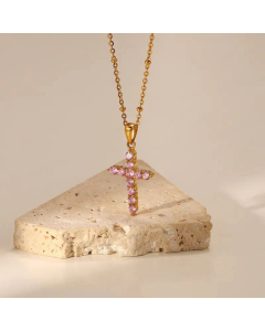 Simple 18K Gold-Plated Stainless Steel Pink Zircon Cross Pendant Necklace