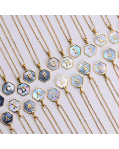 New Hexagon Pendant Inlaid Blue Shell Letter Stainless Steel Necklace_colorza_4