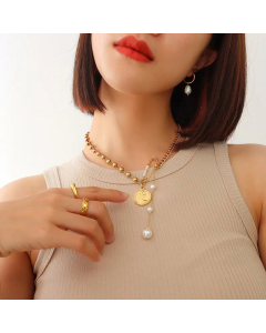 Fashion Geometric Portrait Medallion Pin Imitation Pearl Pendant Titanium Steel Necklace