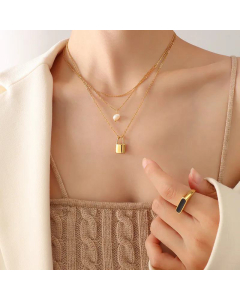 Geometric Baroque Pearl Cross Chain Titanium Steel Lock Pendant Necklace