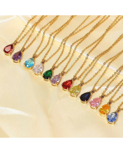 Simple 18K Gold-Plated Color Zircon Stainless Steel Drop-Shaped Pendant Necklace