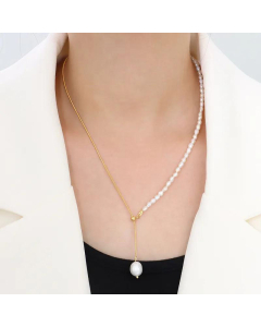 Retro Titanium Steel Plated 18K Gold Freshwater Pearl Necklace Pull Buckle Necklace_colorza_3