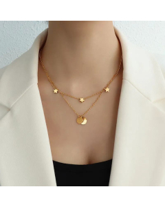 Fashion Frosted Round Brand Five-Pointed Star Double Clavicle Necklace Titanium Steel Necklace