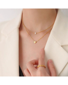 Five-Pointed Star Pendant Imitation Pearl Necklace Double Layered Titanium Steel Clavicle Chain