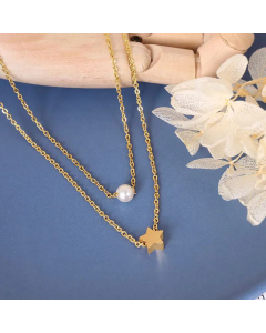 Five-Pointed Star Pendant Imitation Pearl Necklace Double Layered Titanium Steel Clavicle Chain