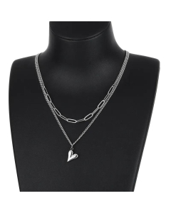 Fashion Double Layer Stainless Steel Square Chain Loving Heart Pendant Necklace