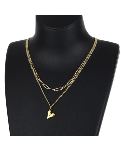 Fashion Double Layer Stainless Steel Square Chain Loving Heart Pendant Necklace