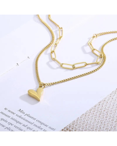 Fashion Double Layer Stainless Steel Square Chain Loving Heart Pendant Necklace