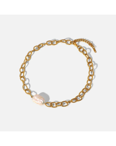 European And American 18K Gold-Plated Stainless Steel Retro Baroque Freshwater Pearl Twist Chain Necklace