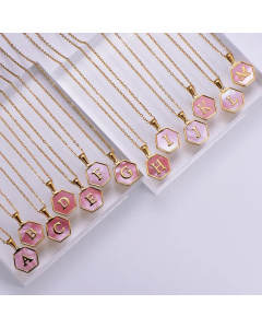 18K Gold Stainless Steel Pendant Inlaid Pink Shell Letter Necklace