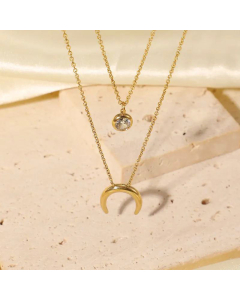 Fashion 14K Gold Double-Layer Necklace Stainless Steel Upside Down Moon Single Zircon Wholesale