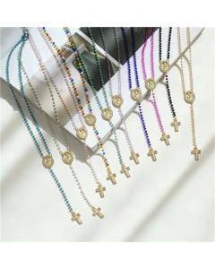 Colored Stone Virgin Mary Cross Necklace Plated 18K Color Preserving Stainless Steel 