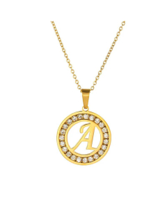 Round Diamond Titanium Steel Necklace 26 Letter Pendant Necklace 