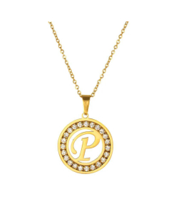 Round Diamond Titanium Steel Necklace 26 Letter Pendant Necklace 