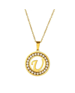 Round Diamond Titanium Steel Necklace 26 Letter Pendant Necklace 