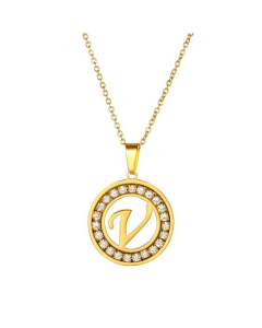 Round Diamond Titanium Steel Necklace 26 Letter Pendant Necklace 