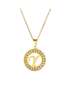Round Diamond Titanium Steel Necklace 26 Letter Pendant Necklace 