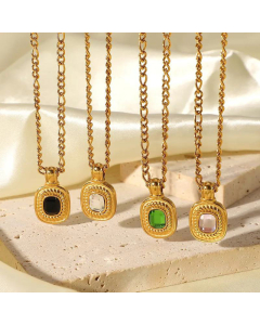 18K Gold Rectangular Chamfering Color Semi-Precious Stone Pendant Necklace Ins Style Necklace Stainless Steel Jewelry 