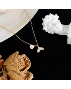Titanium Steel Necklace Simple Mermaid Fish Tail Imitation Pearl Pendant 