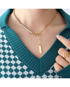 Titanium Steel Multi-Zircon Stitching Square Pendant Clavicle Necklace
