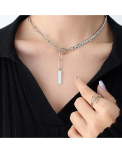 Titanium Steel Multi-Zircon Stitching Square Pendant Clavicle Necklace