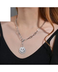 Trendy Temperament Paperclip Chain Hollow Smiley Face Pendant Stainless Steel Necklace