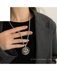  Hip Hop Double-Sided Expression Sweater Chain Stainless Steel Influencer Rotating Smiley Necklace