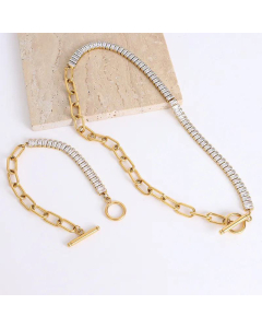 Inlaid Zircon OT Buckle Design Chain Titanium Steel 18K Gold Necklace Bracelet Set