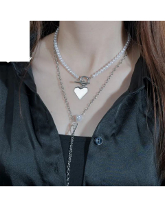 Simple And Versatile Peach Heart Stainless Steel Necklace Double-Layer Pearl Chain