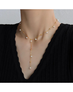 Y-Shaped Tassel Titanium Steel Simple Small Pearl Clavicle Chain Necklace