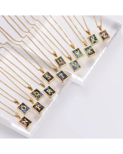 Square Pendant Color Shell A To Z Letter Necklace Fine Stainless Steel 