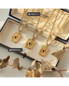 French Style Inlaid Black Acrylic Radial Pattern Square Brand Pendant Titanium Steel Necklace 