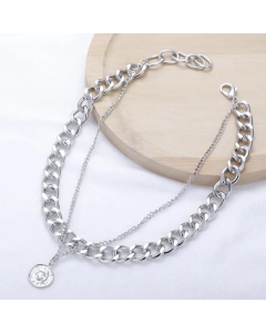 Double-Layer Necklace Women's Ins Trendy Men's Head Coin Hip Hop Cold Style Clavicle Chain Thick Ornament-Steel Color