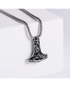 Retro Pop Irish Celtic Knot Thor's Hammer Thunder King Skull Stainless Steel Necklace