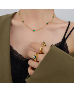 18K Gold Plated Necklace Natural Square Emerald Zircon Clavicle Chain Wholesale Jewelry